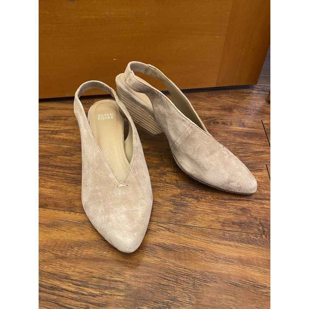 Eileen Fisher Gatwick Taupe Suede V-Neck Slingback Low Wedge Pointed Toe Pumps 9